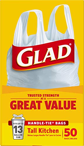 Glad Trash Bags, Tall Kitchen Handle-Tie Garbage Bags - 13 Gallon White Trash Bag - 50 Count (Package May Vary)