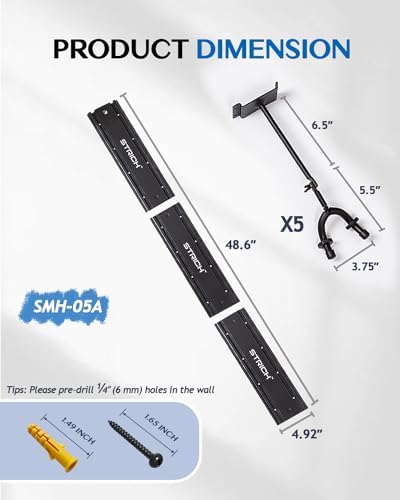 STRICH Guitar Wall Mount Hangers for Multiple Guitars, Holds 5 Guitars, Strong Aluminum Metal Guitar Stand Rack Bass Holder, Adjustable Instruments Display Set, SMH-05A