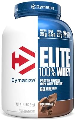 Dymatize Elite 100% Whey Protein Powder, 25g Protein, 5.5g BCAAs & 2.7 L-Leucine, Quick Absorbing & Fast Digesting for Optimal Muscle Recovery, Rich Chocolate, 5 Pound, 63 Servings
