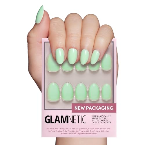 Glamnetic Press On Nails - Mint Green | Solid Opaque Pastel Green Short Oval Nails, Reusable | 15 Sizes - 30 Nail Kit