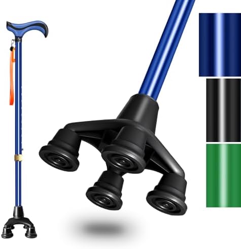 DEOMAi Quad Cane Self Standing Adjustable Walking Cane for Men Women Seniors with Comfort Grip Handle 360° Pivoting Cane for All-Terrain Lightweight & Durable