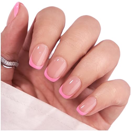 BTArtbox French Tip Press On Nails - Press on Nails Square, Pink Glue On Nails, Fit Perfectly & Natural Reusable Stick On Nails in 15 Sizes, 30 Pcs Soft Gel Kit, Dolce Pink
