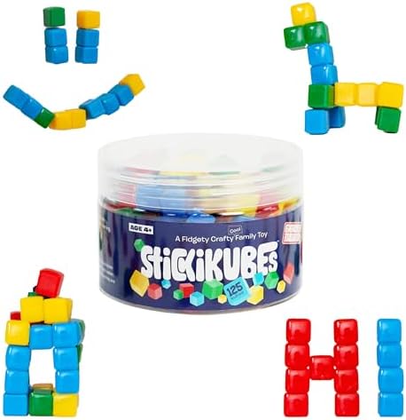KOMARC GAMES StickiKubes, Mini Stacking Cubes That Stick to Anything, Non Toxic Kid Safe Sticky Blocks, Creative Construction Toy - 125 Cubes, 4 Colors, Tub