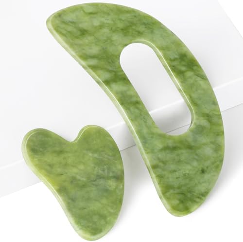 Jade Stone Gua Sha Massage Tool Set Larger Guasha Board with Handle Muscle Scraping Massage Tools Facial Anti Cellulite Spa Acupuncture Tools for Back Neck Face Leg Massage, Lymphatic Drainage