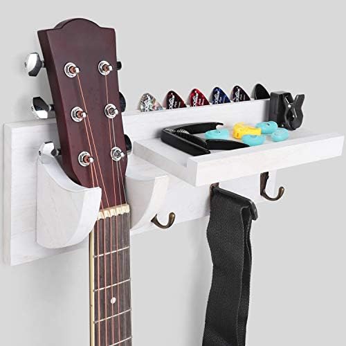 Bikoney Guitar Wall Hanger Guitar Holder Wall Mount Bracket Hanger Guitar Wood Hanging with Pick Holder and 3 Hooks Vintage White, [U.S. Patent]