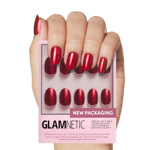 Glamnetic Press On Nails - Cherry Glaze | Short Round Bright Cherry Red Nails with a Glaze Finish | 15 Sizes - 30 Nail Kit with Glue