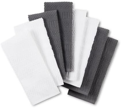 KitchenAid Cotton Classics Textured Solid Kitchen Towels 8-Pack, Absorbent 100% Cotton, Charcoal Grey/White, 17”x28”