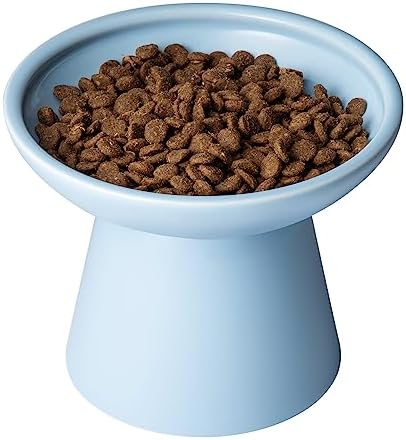 Extra Wide Elevated Cat Bowls - Ceramic Cat Food Bowl 6.2" Raised Cat Food Bowls Elevated Shallow Cat Food Dish, Whisker Fatigue, Lead & Cadmium Free, 5" Good Height for Cat Feeding, Blue