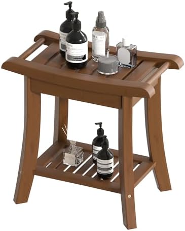 Bamboo Shower Bench Stool with Storage Shelf Small Shower Chair Seat for Inside Shower 19 x 10 x 18 Inches Chestnut Brown