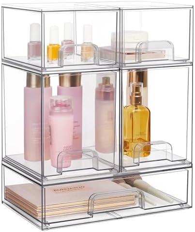 Vtopmart Stackable Storage Drawers Set of 5, Clear Plastic Organizer Bins for Beauty Supplies,Ideal for Vanity, Bathroom,Cabinet,Pantry Organization