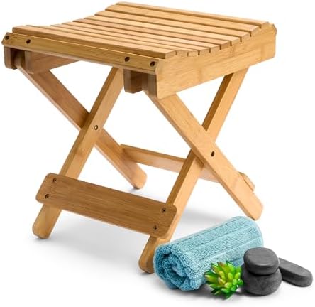 Sorbus Foldable Shower Stool – Bamboo Foot Rest & Shaving Stool for Inside Shower – Portable Step Stool, Folding Shower Bench, Wooden Sauna Chair, Bathtub Foot Rest – 11" x 10.75" x 12" (Bamboo)