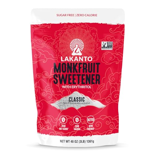 Lakanto Monk Fruit Sweetener With Erythritol, White Sugar Substitute From Monk Fruit Extract, Classic White Sugar Replacement for Baking, Coffee & Tea, Gluten Free, Low Carb, Non GMO, Keto, 3 LB Bag