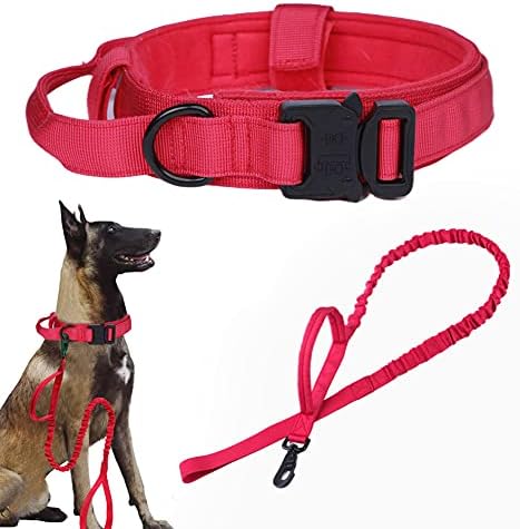 Tactical Dog Collar and Leash Set Tactical Dog Collar with Handle Bungee Leash Adjustable Military Training Nylon Collar Dog Training Collar Leash Set with Control Handleand Metal Buckle （Red L