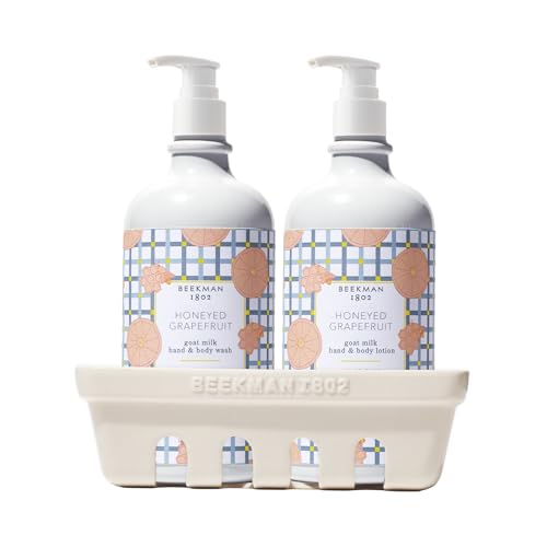 Beekman 1802 Hand Wash & Lotion Ceramic Caddy Set - 12.5 oz Each - Deeply Cleanses & Hydrates Dry Hands - With Goat Milk - Good for Sensitive Skin - Cruelty Free - Packaging May Vary