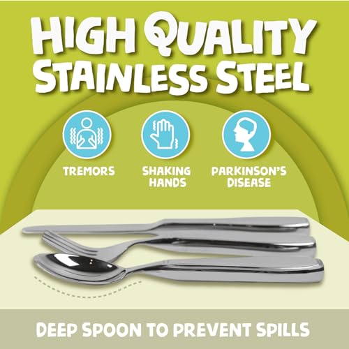 BunMo Weighted Utensils for Tremors and Parkinsons Patients - Heavy Weight Silverware Set of Knife, Fork and Spoon - Adaptive Eating Flatware (3 Pieces)