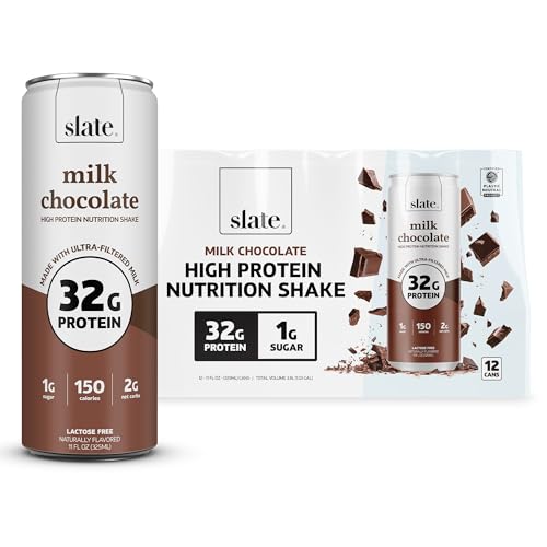 Slate Milk - High Protein Nutrition Shake - Milk Chocolate - 32g Protein, 1g Sugar, 150 Calories, 2g Net Carbs - Lactose Free - No Added Sugar - Breakfast Boost, Post Workout - 11 fl oz, 12 Cans