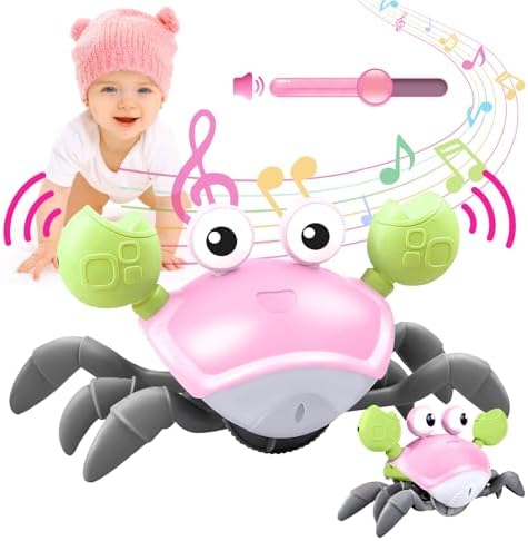 Crawling Crab Baby Toy - Tummy Time Toys - with Music and LED Light,Built-in Rechargeable Battery and Adjustable Volume for 0-6 6-12 12-18 36 Months Walking Toddler Birthday Gift(Pink)