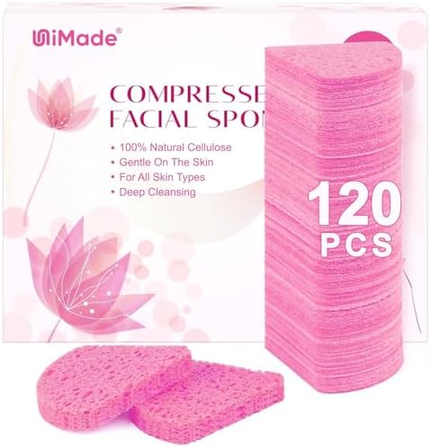 120-Count Compressed Facial Sponges, Face Sponge for Cleansing, 100% Natural Cellulose Cosmetic Spa Scrubs for Makeup Removal, Exfoliating Mask, Skin Massage - Pink