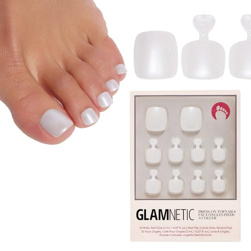 Glamnetic Press On Toenails - Hailey | Soft Pearl White Fake Toe Nails with a Glossy Finish | 16 Sizes - 32 Toe Nail Kit with Glue
