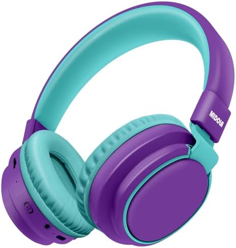 MIDOLA Kids Headphones Bluetooth 5.3 Wireless 60H Play Time Volume Limited 85/110dB Over Ear Foldable Protection Headset/Wired Aux Built-in Mic for Boy Girl Travel School Pad Tablet Purple