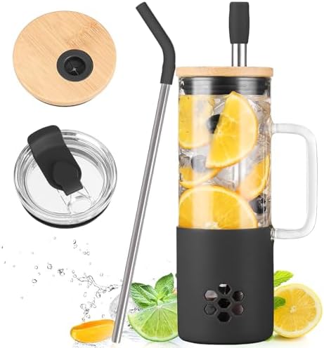 MUKOKO 20 oz Glass Tumbler with Handle and 2 Lids - Bamboo Lid & On the Go Lid, Glass Water Bottle with Straw, Pearl Milk Tea & Drinking Straw Smoothie Cups with Silicone Sleeve BPA Free - Black