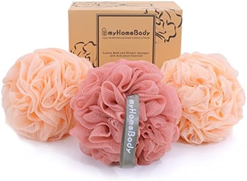 myHomeBody Large 70g Loofah Sponge, Body Scrubber, Bath Sponge, Loofah for Women, Men, Exfoliating Sponge Shower Pouf with Activated Charcoal - 2 Peach + 1 Coral Red, 3 Pack