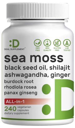 Irish Sea Moss 7000mg Per Serving, 240 Veggie Capsules – 14 Superfood Complex – 3000mg Black Seed Oil, 2000mg Ashwagandha, 600mg Ginger, 5000mg Shilajit, 600mg Bladderwarck, Turmeric, Noni & More