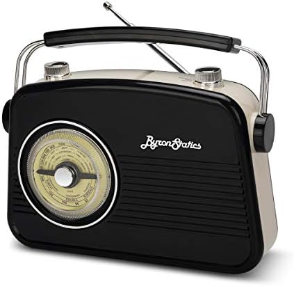 ByronStatics Black AM FM Radio - Small Portable Radios Vintage/Retro with Headphone Jack, Large Analog Rotary Tuning Dial - Power Plug or 4 x 1.5V AA Battery
