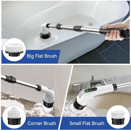 Electric Spin Scrubber with Long Handle: Cordless Power Shower Scrubber - Spin Brush with 7 Brush Replacement Heads for Cleaning Bathroom,Tub, Tile