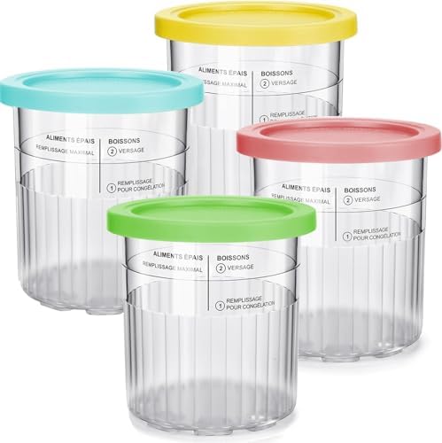 Ice Cream Containers Replacement Pints and Lids 24oz for Ninja Creami Compatible with NC500 NC501 Deluxe BPA-Free Dishwasher Safe Airtight Leaf-Proof 4 Pack Pink Green Blue Yellow