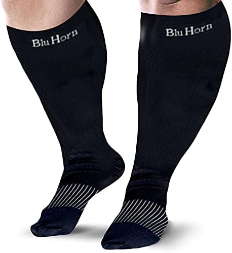 Knee High Compression Socks 15-20 mmHg Improves Blood Circulation for Wide Calf Travel, Running, Cycling Athletic, Color-Black
