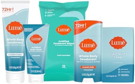 Lume Skin Care Gift Set for Women, Whole Body Deodorant Starter Pack - Smooth Solid Stick, Invisible Cream Tube, Acidified Body Wash Mini & Deodorant Wipes - Aluminum Free Odor Control (Unscented)