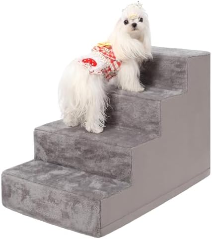 Dog Stairs for Small Dogs,17.5" 4-Step Pet Stairs for High Beds and Couches，Dog Steps with Non-Slip Bottom and High-Density Foam Indoor Outdoor,Grey