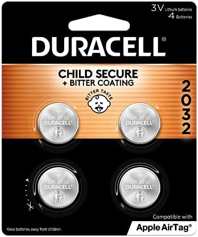 Duracell 2032 Lithium Battery. 4 Count Pack. Child Safety Features. Compatible with Apple AirTag, Key Fob, and other devices. CR2032 Lithium 3V Cell. 2032 Battery, Lithium Coin Battery