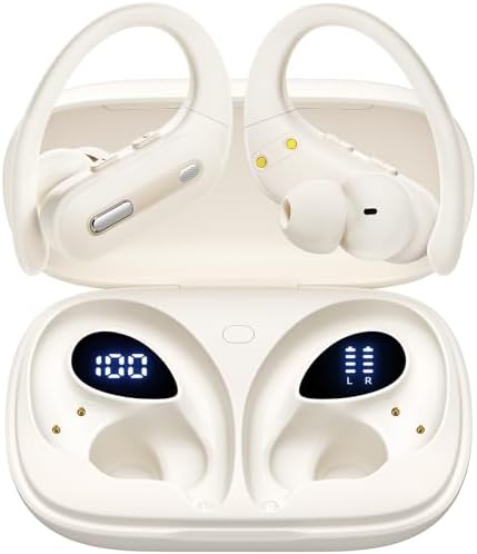 Bluetooth Headphones Wireless Earbuds 90 Hrs Playtime Earbuds with Wireless Charging Case Power Display Over-ear Earphones with Earhooks Waterproof Stereo Headset for Android phone Workout White