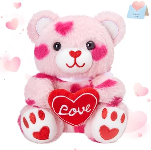 WEWILL Pink Valentines Teddy Bear Stuffed Animal with Love Heart 8 Inches Cute Love Bear Plush Toy Valentines Day Birthday for Toddler Kids Girls Girlfriend