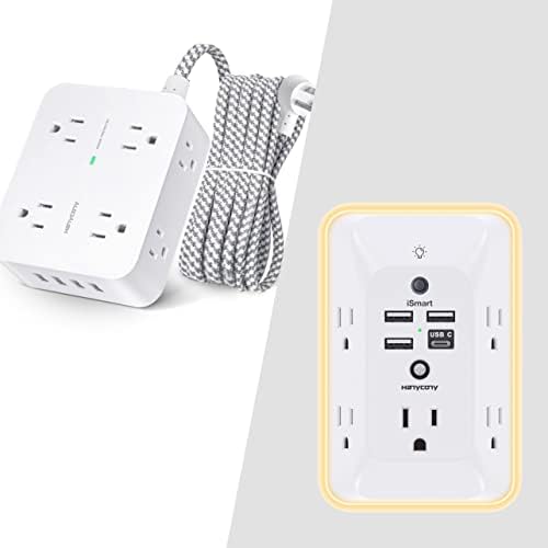 8 Outlets Surge Protector Power Strip and Outlet Extender with Night Light Bundle