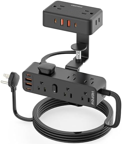 Dual Layer Desk Clamp Power Strip with 13 AC Outlets 8 USB (4 USB C), Fit 2.75" Tabletop, Desktop Edge Mount Surge Protector (1700J), 10 Ft Extension Cord for Office Home, Black