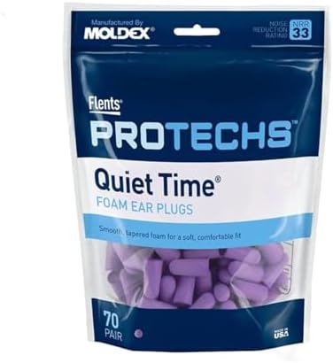 Flents Foam Ear Plugs, 70 Pair for Sleeping, Snoring, Loud Noise, Traveling, Concerts, Construction, & Studying, NRR 33, Purple, Made in the USA