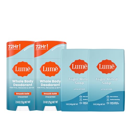 Lume Whole Body Deodorant And Soap - 2.6 Ounce Smooth Solid Stick With 72 Hour Odor Control (Pack of 2) and 5 Ounce Triple Milled Soap (Pack of 2) - Aluminum and Baking Soda Free (Unscented)