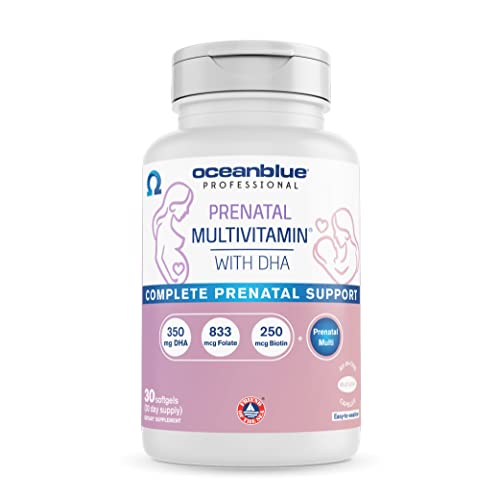 Oceanblue Prenatal Multivitamin with Omega- 3 DHA Fish Oil for Pregnant Women - 30 ct - Essential Complete Pregnancy Support – with 350 MG DHA, Folic Acid, B12 – 30 Day Supply