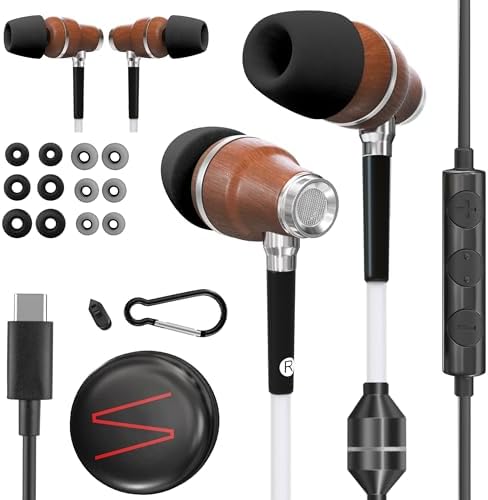 Symphonized Premium Wooden Airtube Headphones EMF Earbuds, 3D Sound, Microphone Volume Control, 8mm Bass Drivers Granting High Audio Quality for USB C Devices (Compatible with iPhone 15/16)