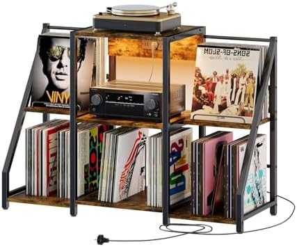 Record Player Stand, Large Vintage Record Player Table with Power Outlet and LED light, Turnta Stand with Record Holder Vinyl Display Shelf for Up to 300 Albums, for Living Room, Bedroom, Office