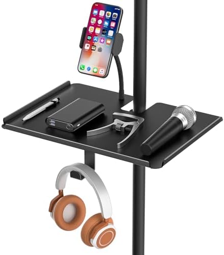 Functional Metal Microphone Stand Tray with Phone Holder - Universal Large Mic Stand Tray Shelf Clamp on Music Stand Tray Attachment for Studio Concert Karaoke Stands with 11.7" x 7.8" for Storage