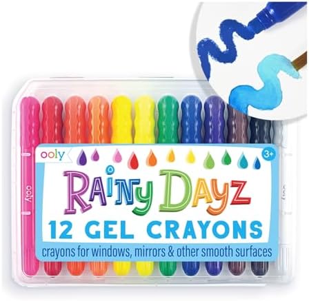 Ooly Rainy Dayz Gel Crayons for Kids - Set of 12 Rainbow Color Crayons for Glass and Paper Surfaces with Clear Plastic Crayon Case for Easy Portability - Safe and Non-Toxic