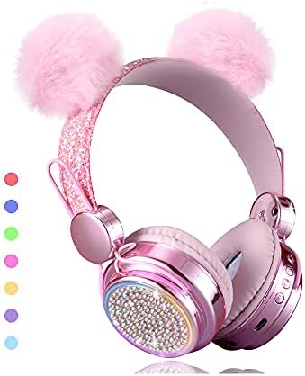 Wireless , LED Light up Color Changing Girls Bluetooth Headsets with MIC, 10 Hours 5.0 Bluetooth Headphones for School, Christmas (Pink)