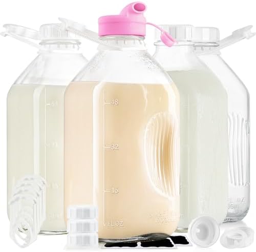 Classic 1/2 Gal Heavy Duty Glass Milk Jug - 2 Qt, 0.5 Gal, 64 Fl Oz, 1900ml with Strong Reusable Airtight Screw Lid - 10" H x 5" L x 3.75" W, Odorless, Lead & BPA Free, Dishwasher Safe
