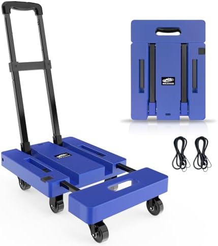 SOLEJAZZ Fold Up Portable Dolly, Folding Hand Truck for Moving, 500LB Luggage Cart Dolly with 6 Wheels & 2 Bungee Cords for Luggage, Travel, Moving, Shopping, Office Use, Blue