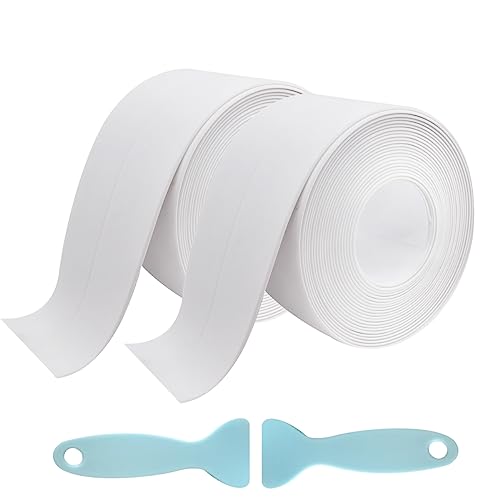 ALLICAVER Caulk Tape White 2 Pack Waterproof Tape for Shower Toilet and Kitchen Caulking Strip Wall Edge Protector Shower Tile Sealer Adhesive sealant 1.5" x 10.5Ft with Auxiliary Tools