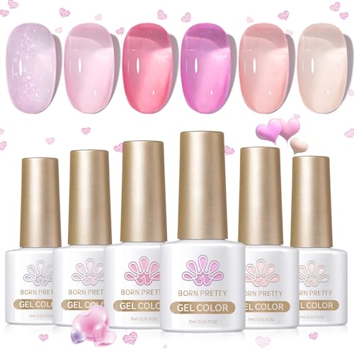 Born Pretty Ice Jelly Pink Gel Nail Polish Valentine's Day Pink Heart Jelly Transparent Gel Polish Sheer Glitter Nude Pink Natural Gel Polish Set Nail Art Varnish Manicure 6PCS